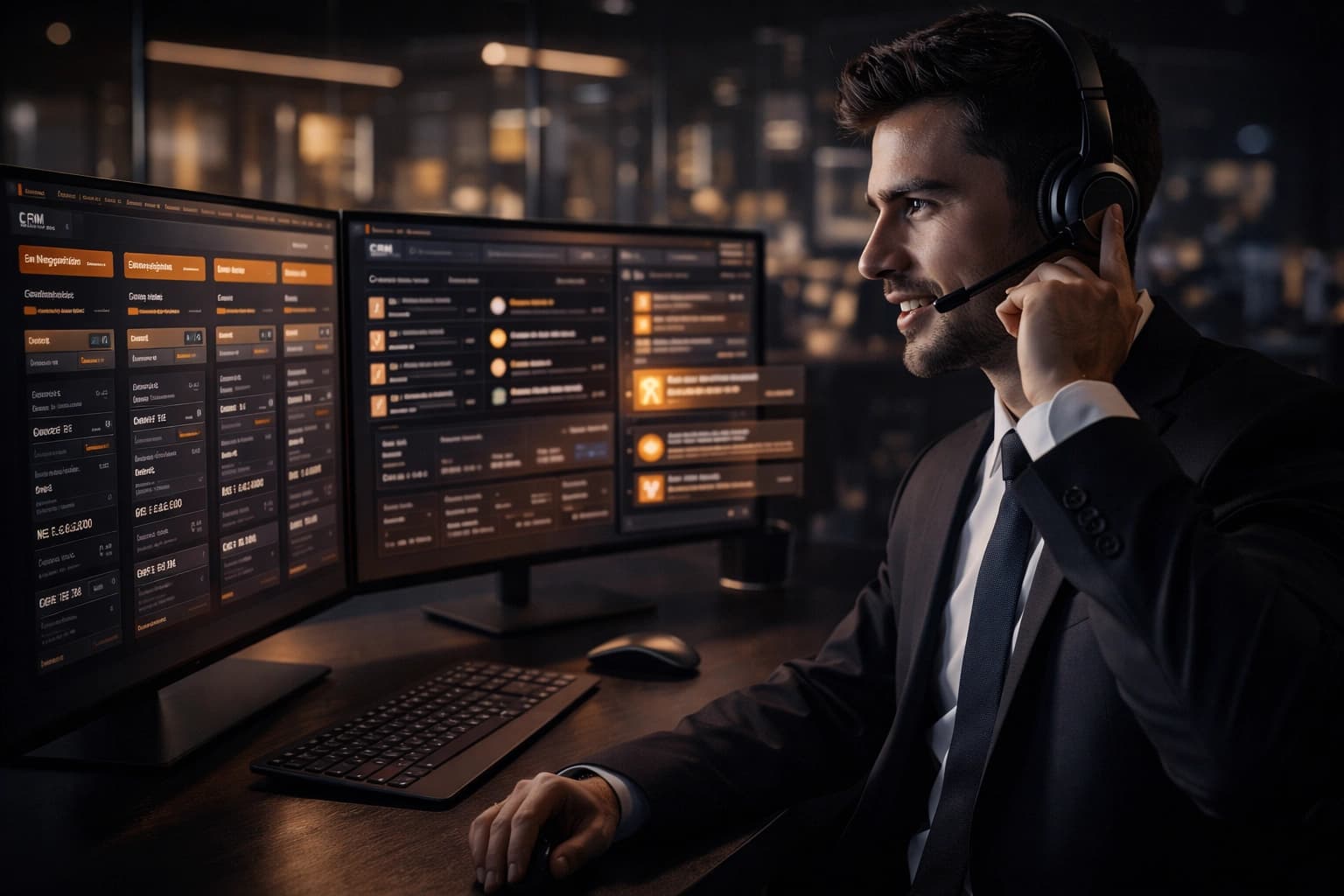 Ejecutivo de ventas B2B cerrando tratos y gestionando clientes a través de un sistema CRM en multi-pantalla.